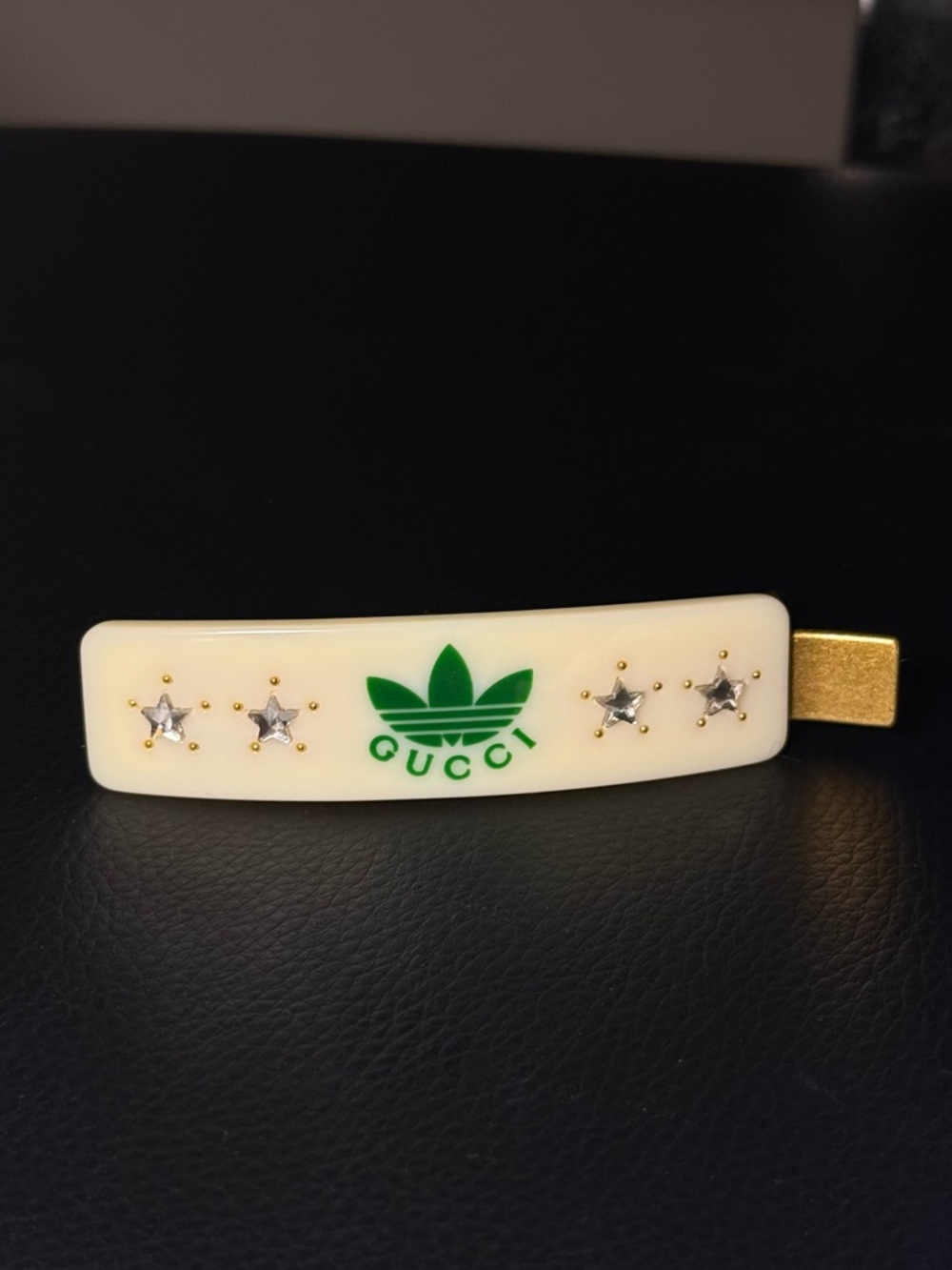 Gucci x Adidas Cream Hair Barrette with Green Logo and Silver Star Studs